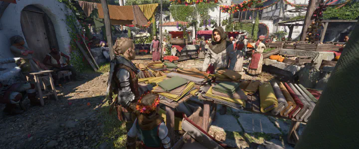 Game screenshot showing Amicia and Hugo in front of a vendor NPC, who has a completely neutral facial expression.