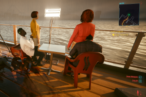 NPCs casually ignoring the dead bodies on the floor, sitting without chairs, standing on top of each other. Classic CP2077!