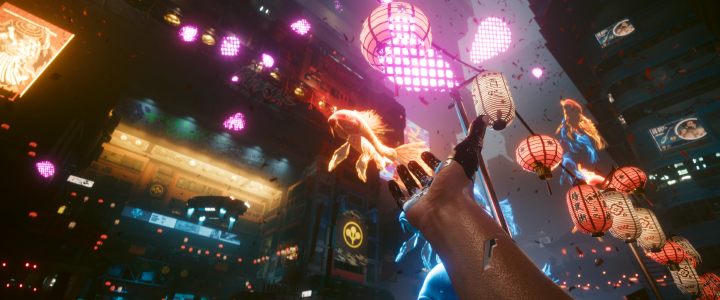 Game screenshot of an open handed cyberware arm in front of a Japanese themed light show parade on Night City