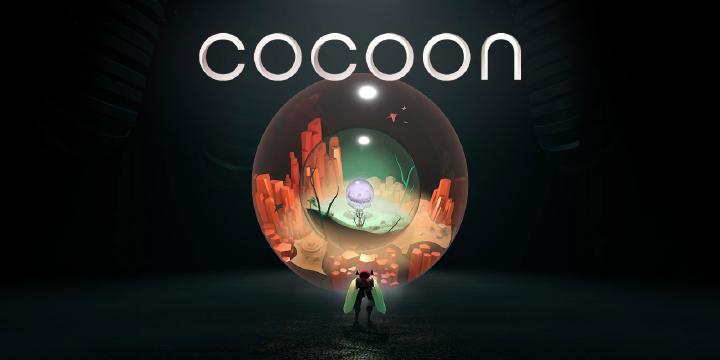 Game promotional image, with the main character bug carrying an orb that contains a world and another orb, that contains another world and yet another orb...; on a dark background and the game logo, which says "cocoon", on top.