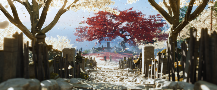 Game screenshot of an ancient Japanese cemitery that shows two samurai under a red leafed tree.