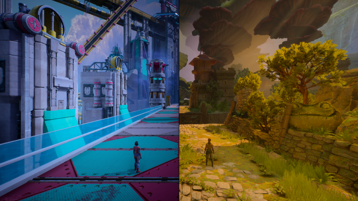 Game screenshot showing a vertically split screen. On the left there's Mio in a sci-fi setting, on the right there's Zoe in a fantasy world, and both scenarios make up the play area.