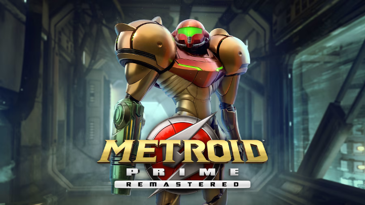 Game promotional material, showing Samus Aran on her suit, on a background of a futuristic metalic corridor.