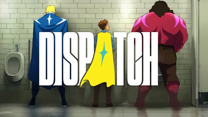 The game's logo over a male bathroom urinal, where Robert stands in between 2 heroes, all peeing.