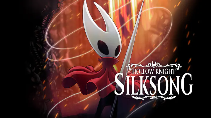 The game's cover art showing Hornet, the protagonist, holding Needle, her weapon, upright. She is surrounded by loops of silk threads. Behind her is a blurry red background showing what looks like a lava waterfall. Right of ther is the game's logo.