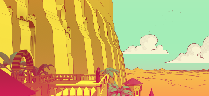 An in-game screenshot showing the mysterious protagonist on a platform overlooking a desert expanse, with the walls of a great tower behind them.